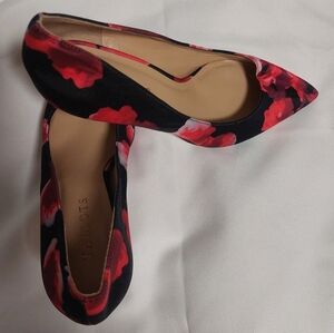 Talbots Black Pointed-Toe Flats with Red Floral Print